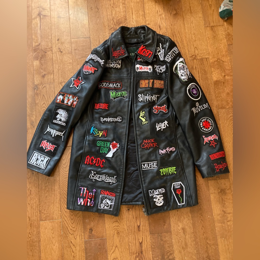 Danier Black Leather Jacket with Band Logos - Picture 1 of 8